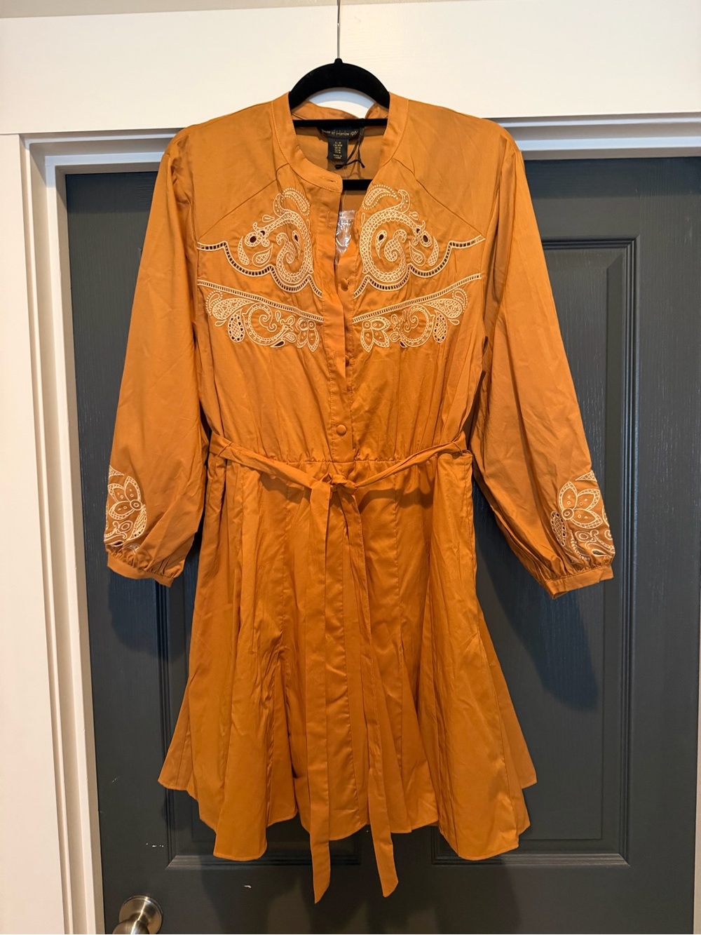 House of Harlow Embroidered Belted Shirt Dress in Mustard